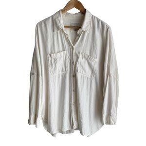 Aerie Oversized Slouchy Button Down Shirt Womens S Beige Gauzy Linen Beachy VGUC